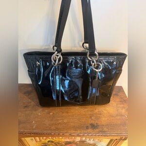 Coach Black Patent Leather Tote with Silver Rings